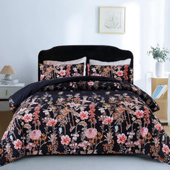 Comforter Set Floral Reversible Black blossoms DF 2pcs 3pcs