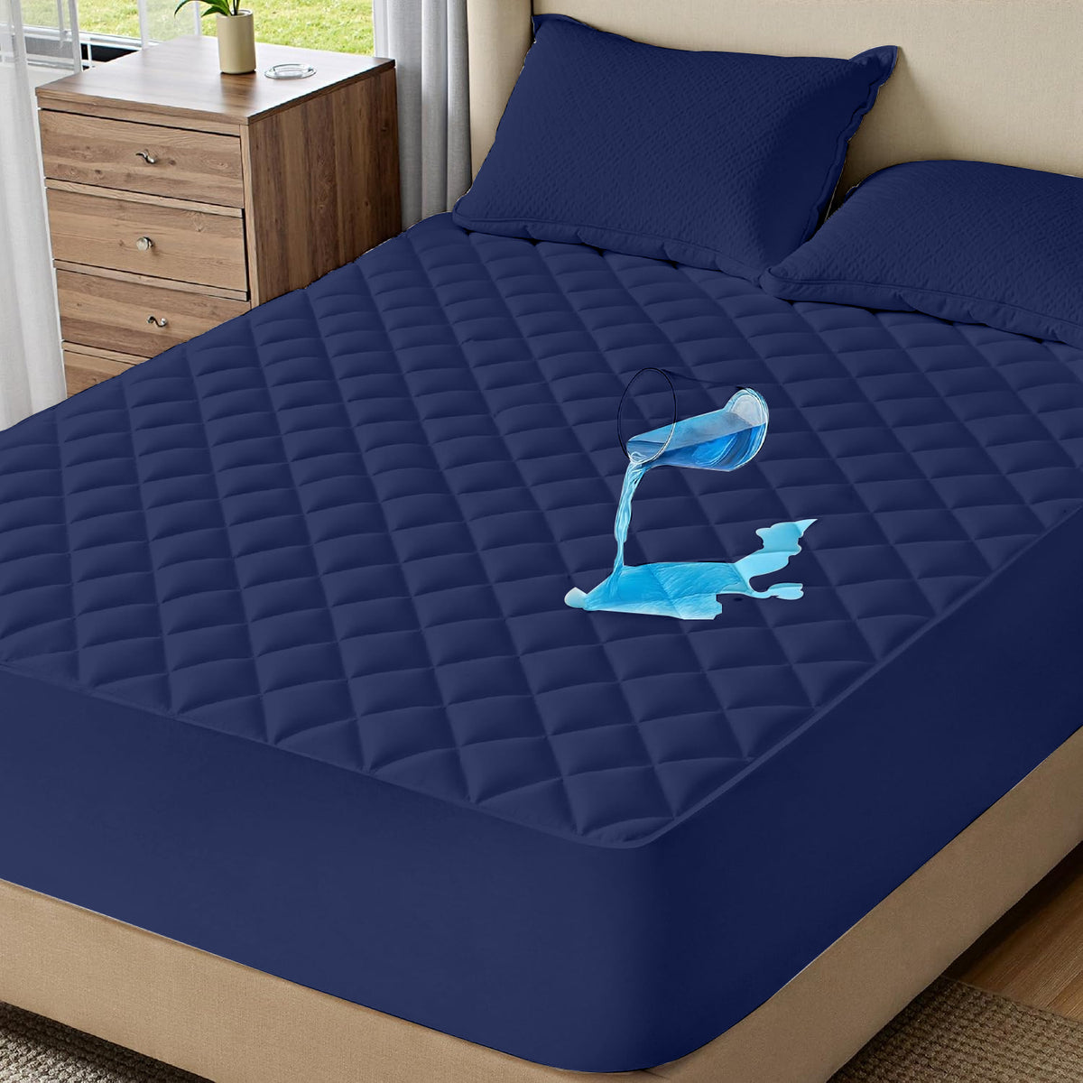 Mattress Topper & Protector-Diamond-patterned ultrasonic waterproof quilted fitted sheet navy blue
