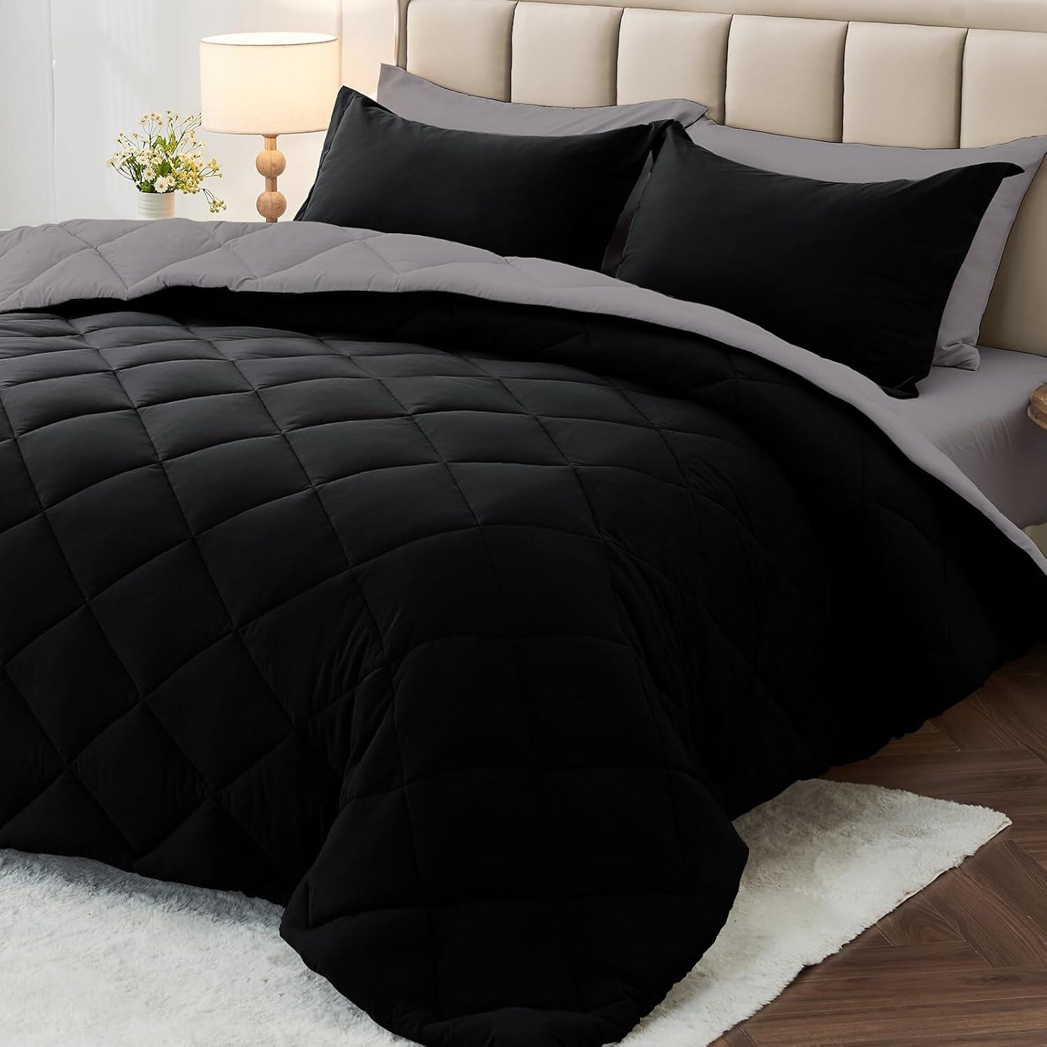Comforter Set Reversible Black and Light Gray 2pcs 3pcs