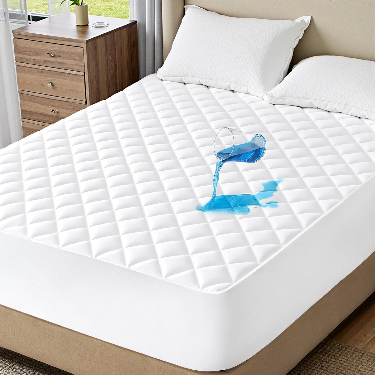 Mattress Topper & Protector-Diamond Grid Ultrasonic Waterproof Mattress Protector White