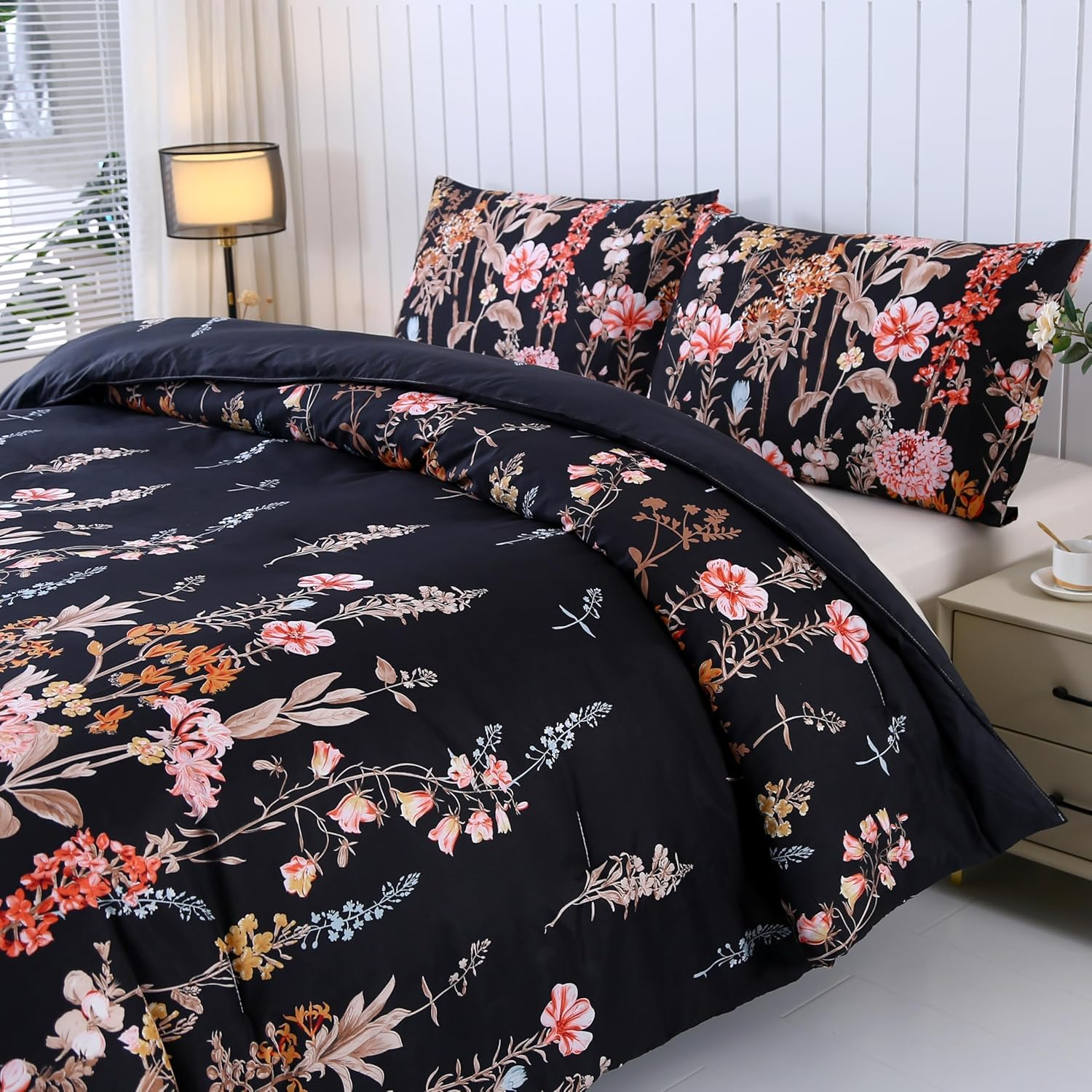 Comforter Set Floral Reversible Black blossoms DF 2pcs 3pcs