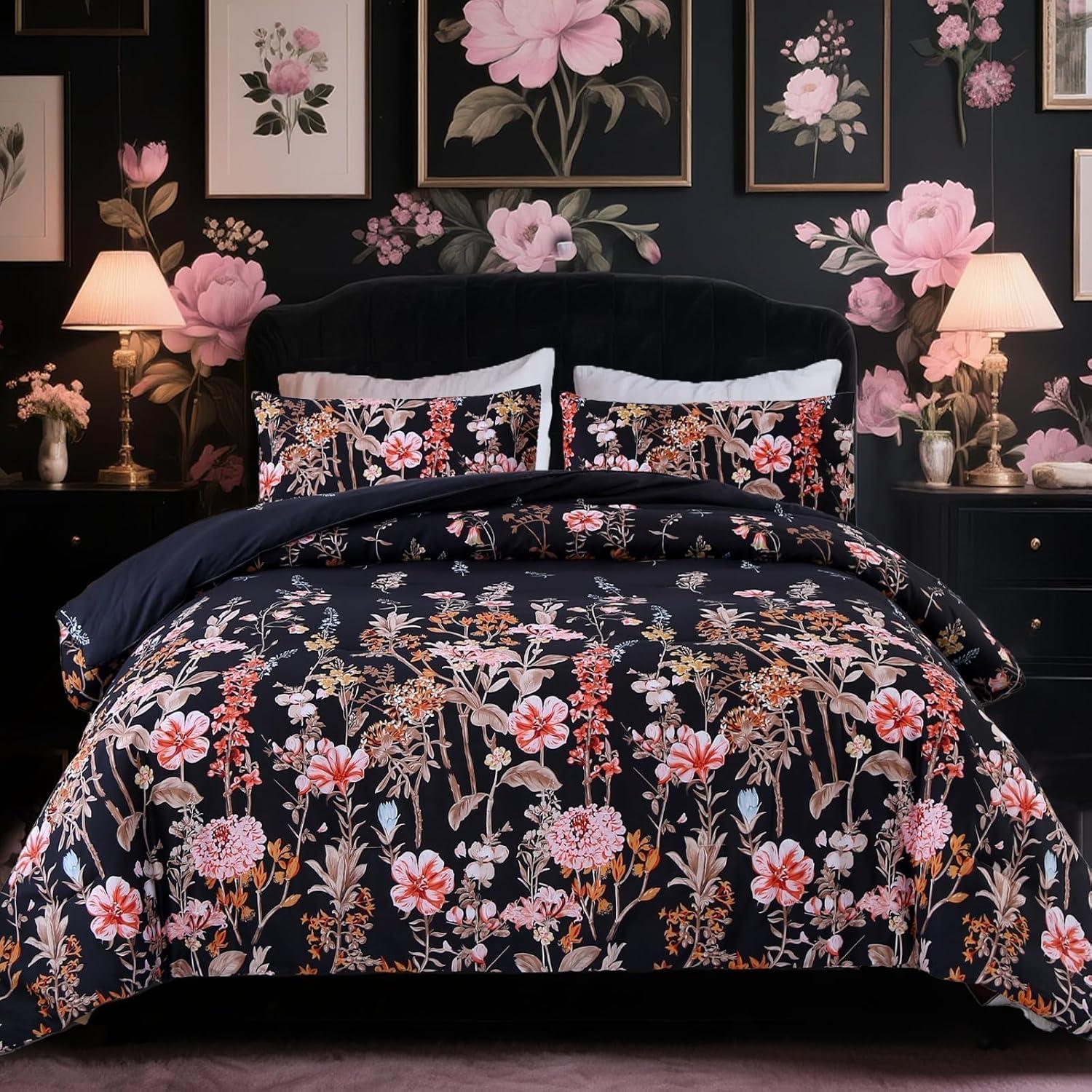 Comforter Set Floral Reversible Black blossoms DF 2pcs 3pcs