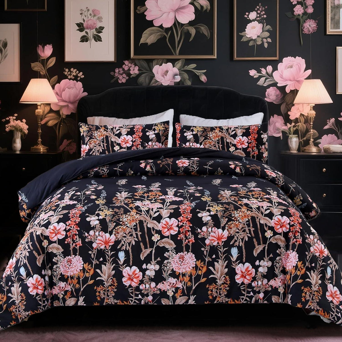 Comforter Set Floral Reversible Black blossoms DF 2pcs 3pcs