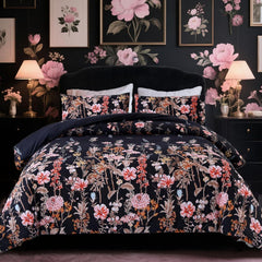Comforter Set Floral Reversible Black blossoms DF 2pcs 3pcs