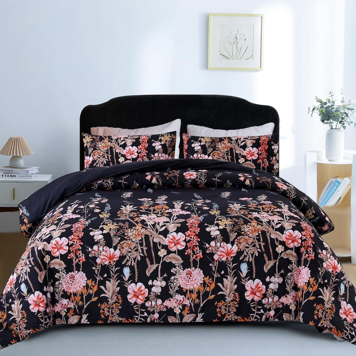 Comforter Set Floral Reversible Black blossoms DF 2pcs 3pcs