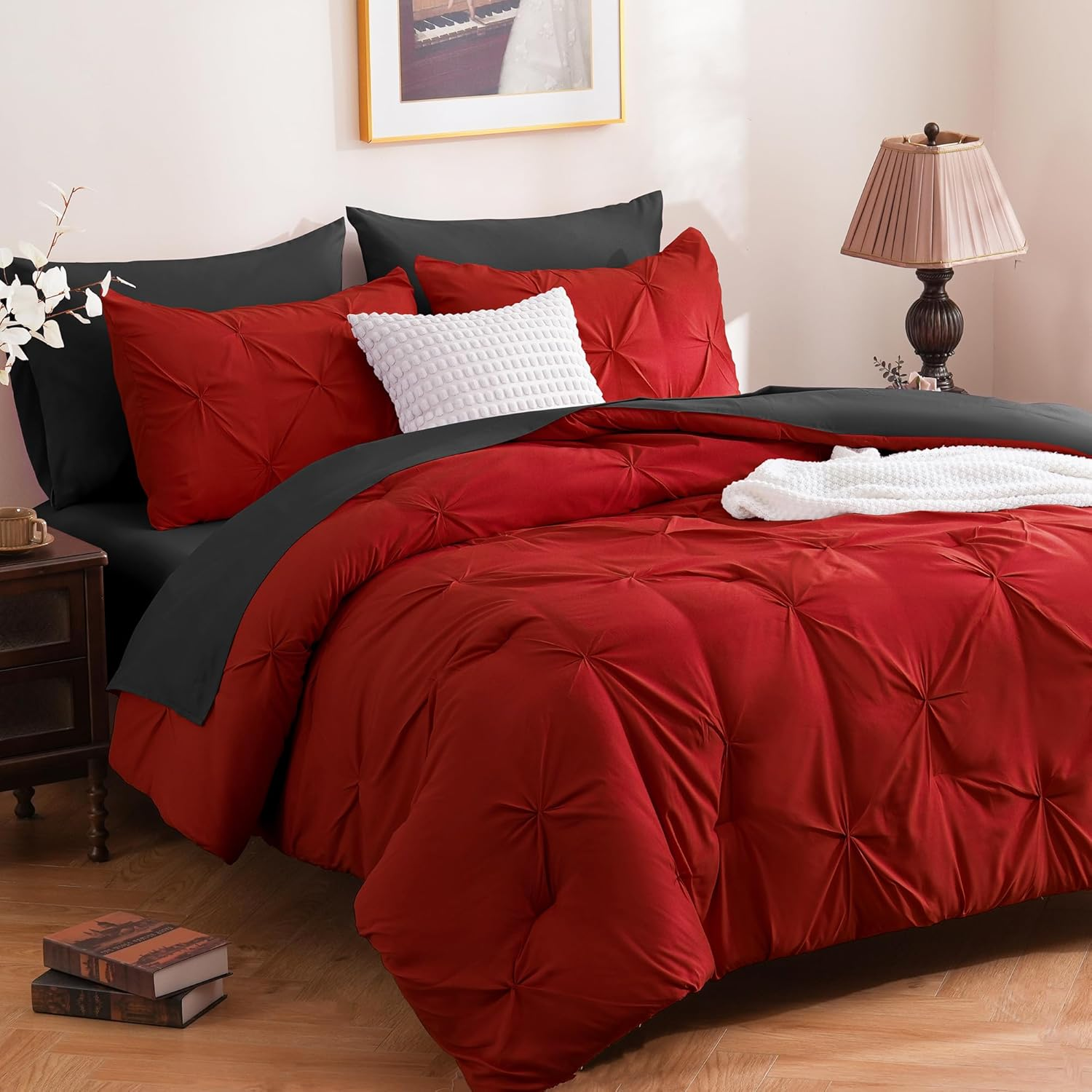 Comforter Set Pintuck Reversible Red and black Twin Queen King 2pcs 3pcs