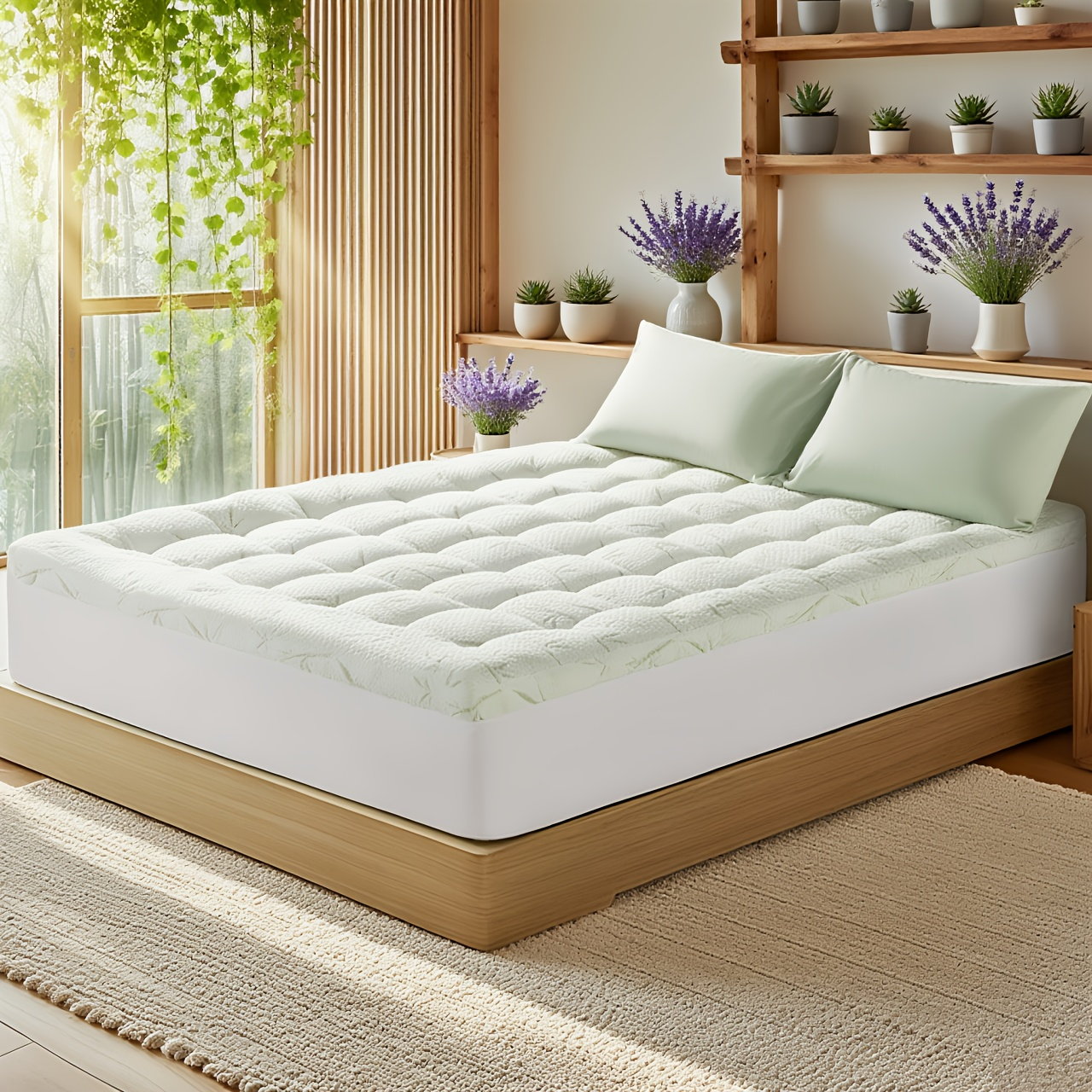 Mattress Topper & Protector-Bamboo Fiber-Thick Style Topper Pad for Mattress Green