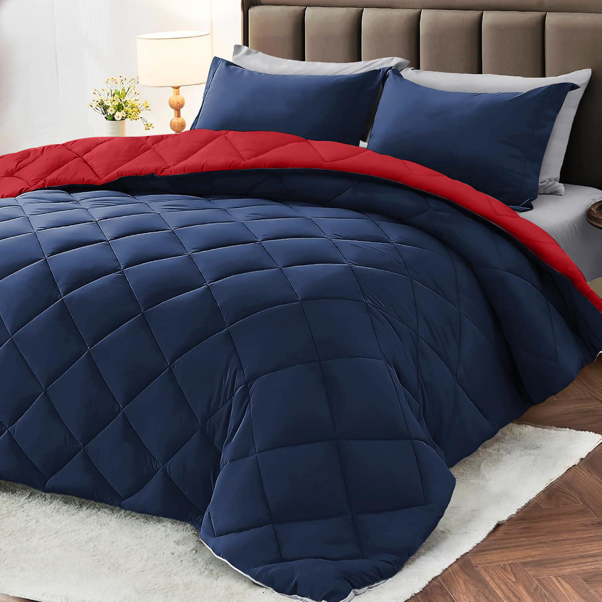 Comforter Set Reversible Navy blue and red 2pcs 3pcs