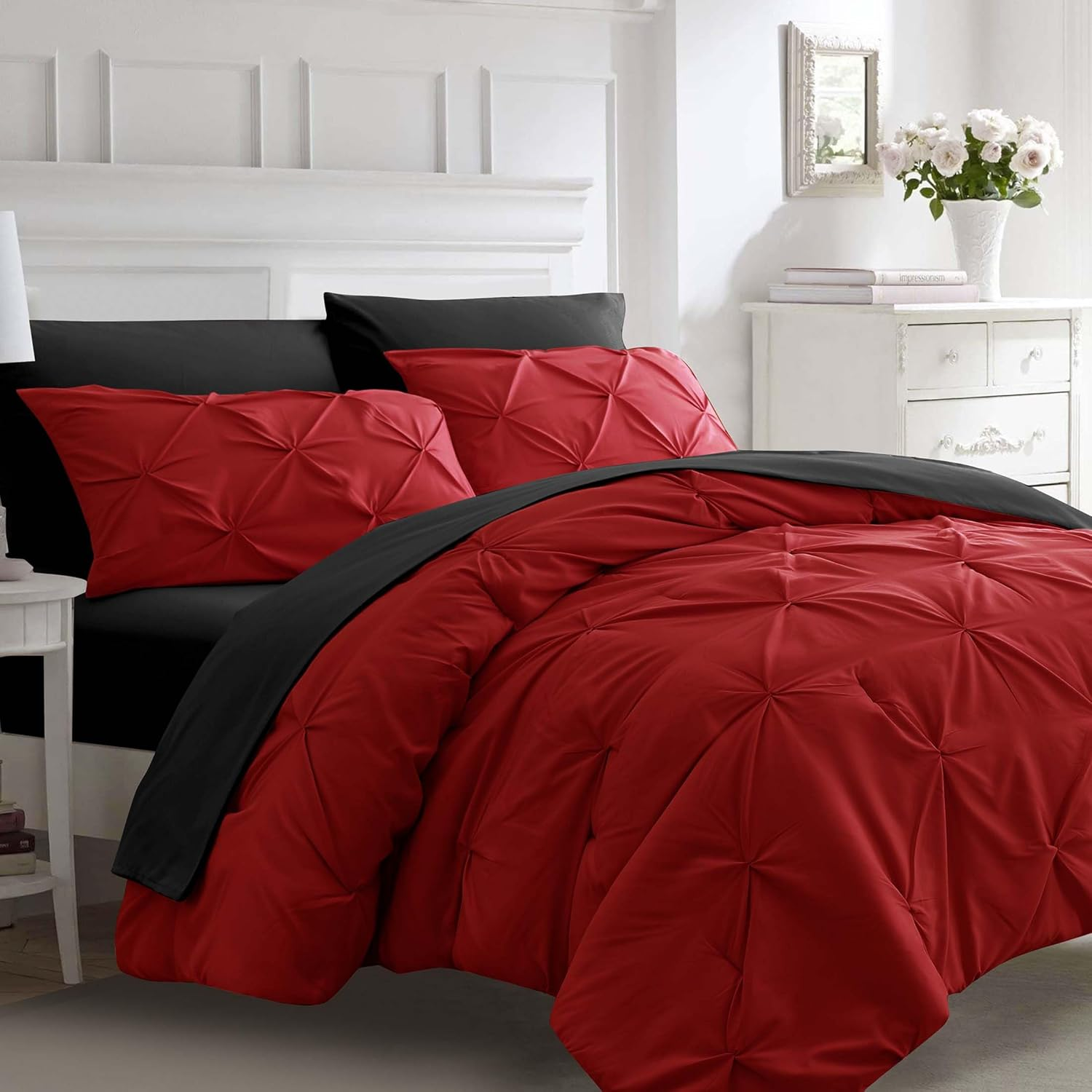 Comforter Set Pintuck Reversible Red and black Twin Queen King 2pcs 3pcs