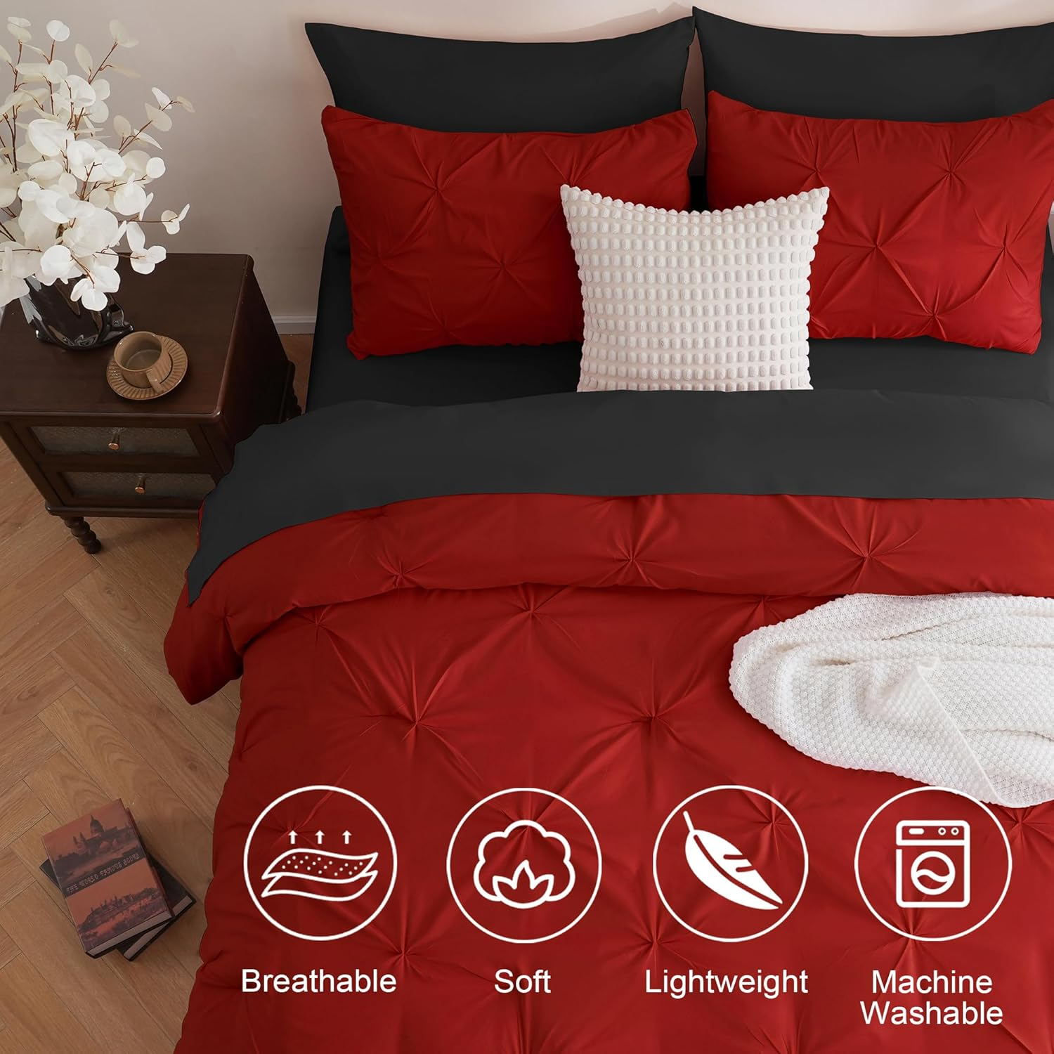 Comforter Set Pintuck Reversible Red and black Twin Queen King 2pcs 3pcs