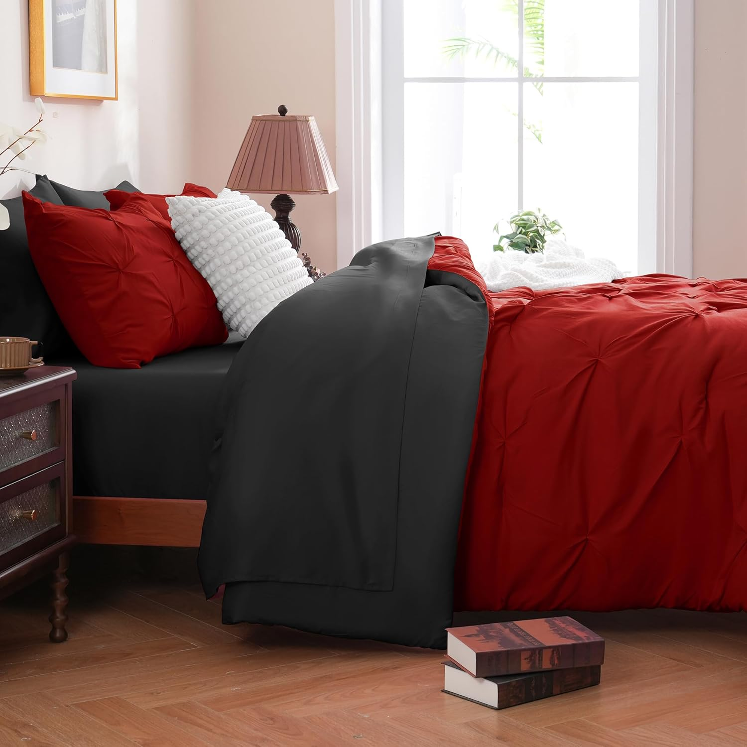 Comforter Set Pintuck Reversible Red and black Twin Queen King 2pcs 3pcs