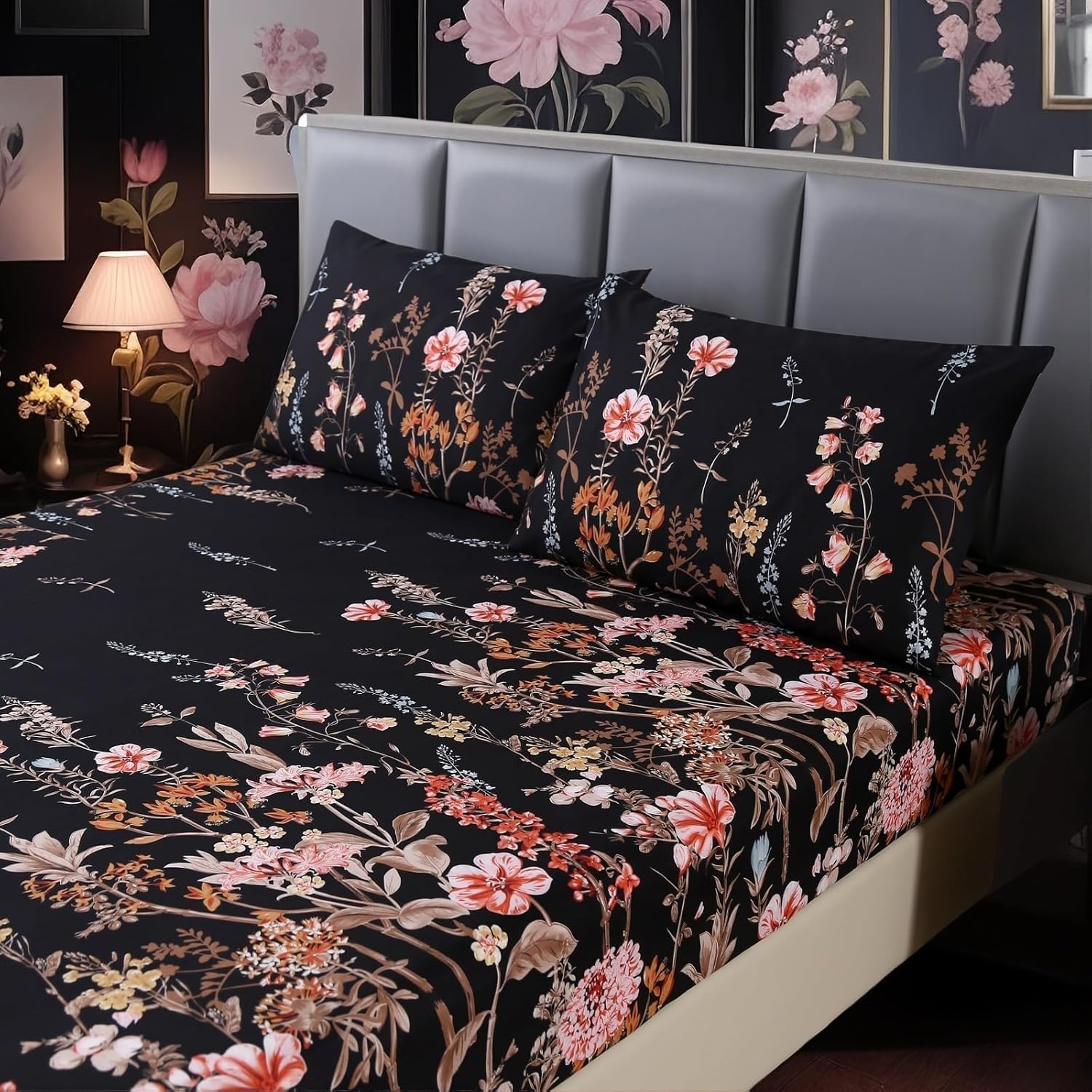 Comforter Set Floral Reversible Black blossoms DF 2pcs 3pcs