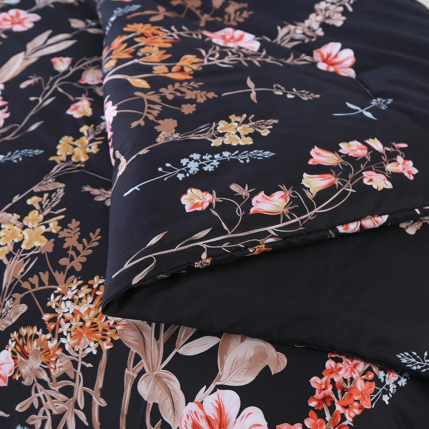 Comforter Set Floral Reversible Black blossoms DF 2pcs 3pcs
