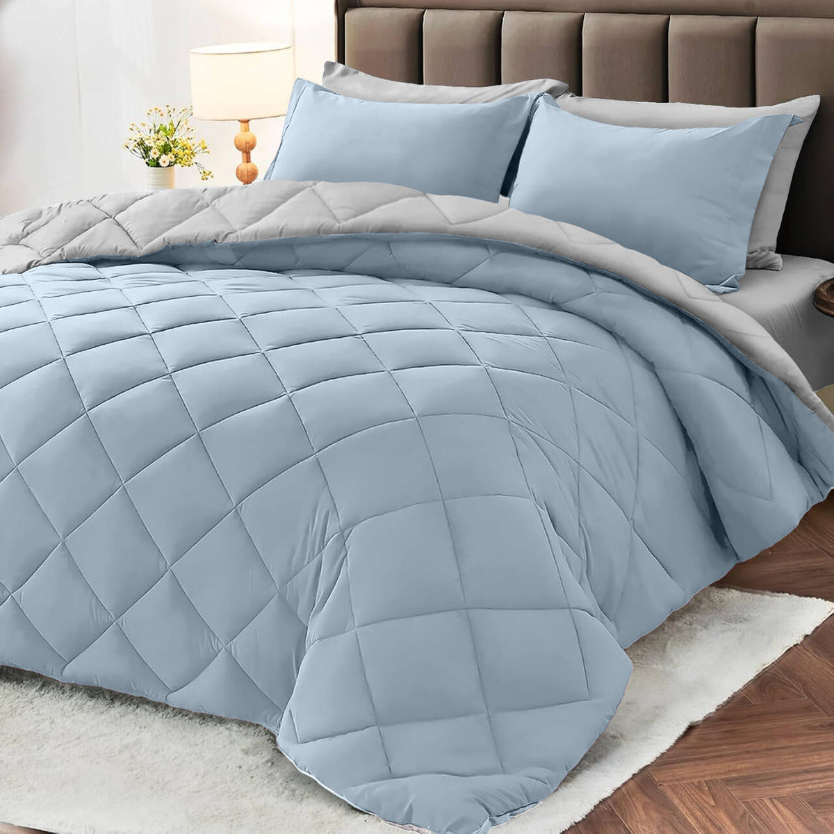 Comforter Set Reversible Blue-gray and light gray 2pcs 3pcs