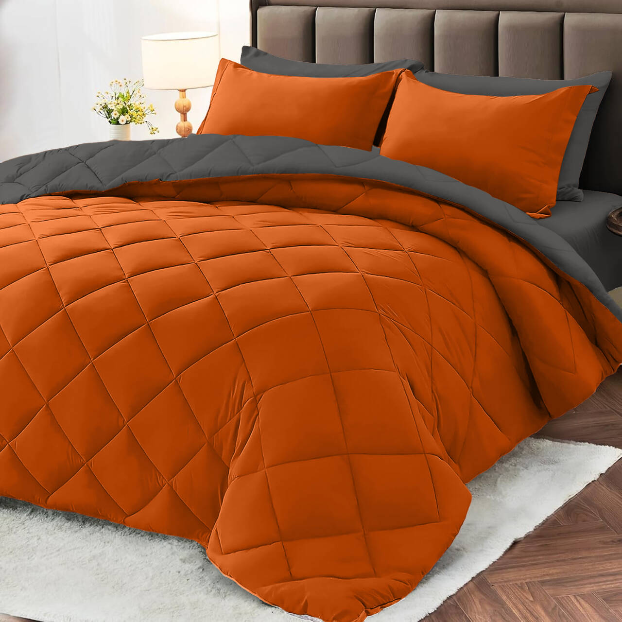 Comforter Set Reversible Orange and dark gray 2pcs 3pcs